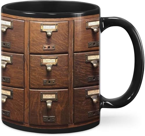 Taza de café Vintage Biblioteca Tarjeta Catálogo Cajones Taza Divertidos Regalos de Boda Aniversario Cumpleaños Amor Regalos para Hombres Mujeres