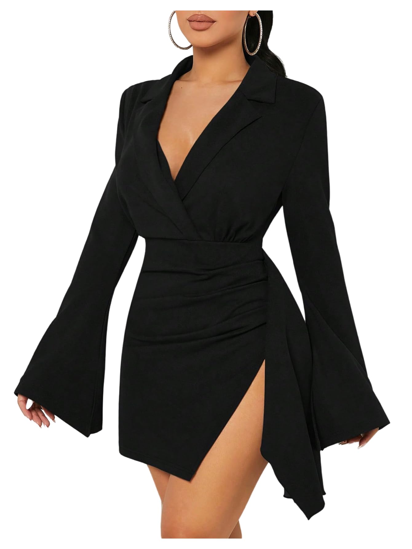 Floerns Womens Flare Long Sleeve Business Work Dress Lapel Neck Split Hem Office Mini Dresses