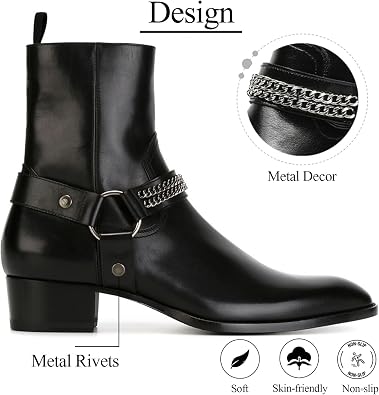 Mens Leather Side Zip Chunky Heel Chelsea Boots Fashion Buckle Chain Strap Pointed Toe Block Heel Ankle Chukka Boots For Dressy Work Office Business