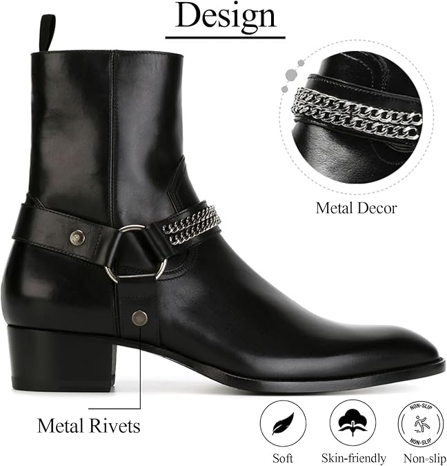 Mens Leather Side Zip Chunky Heel Chelsea Boots Fashion Buckle Chain Strap Pointed Toe Block Heel Ankle Chukka Boots For Dressy Work Office Business