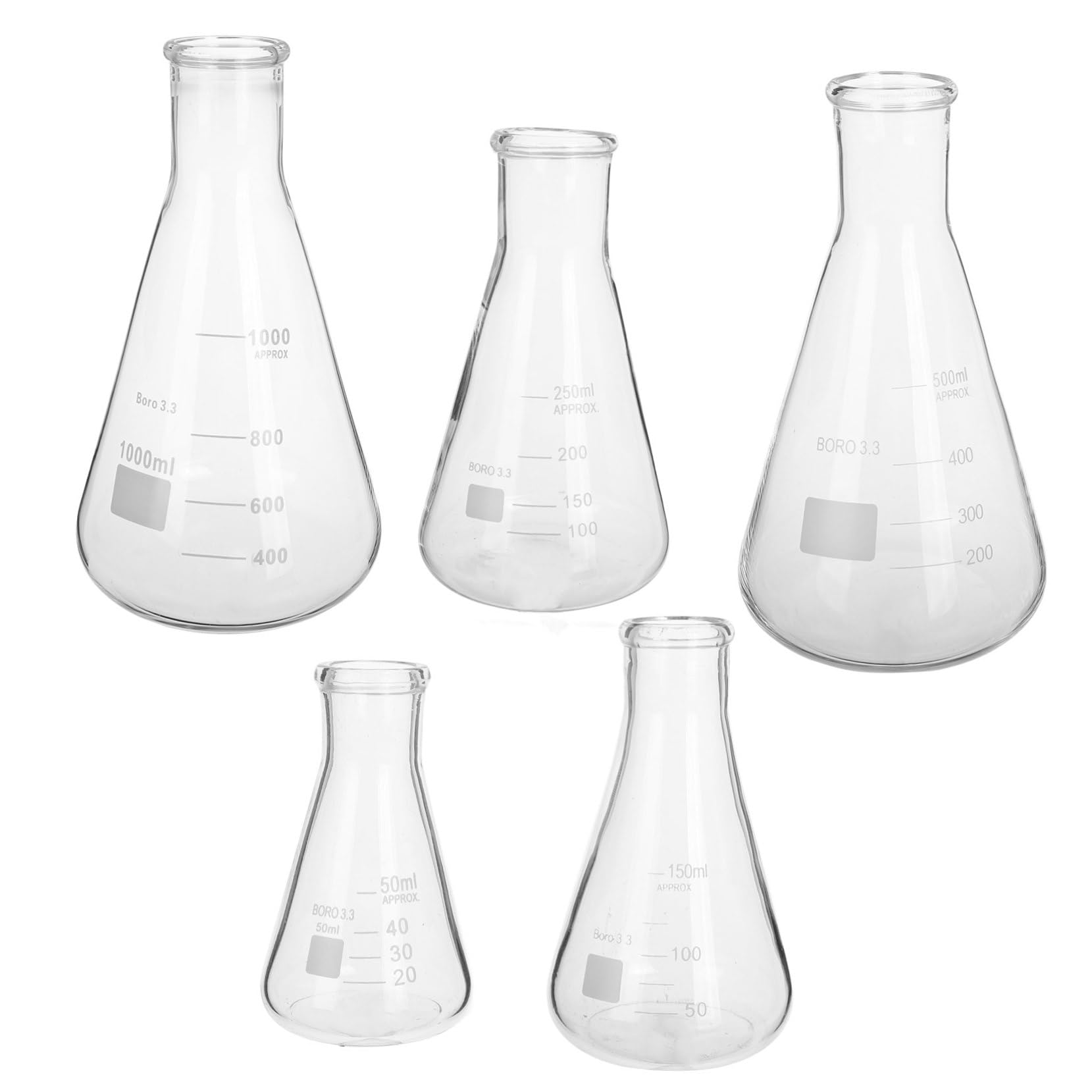 POPETPOP Set di 5 Fiasche Erlenmeyer in Vetro Borosilicato ad Alta Resistenza Capacità 50ml, 150ml, 250ml, 500ml e 1l, Base Triangolare Conica per Esperimenti Scientifici di Laboratorio