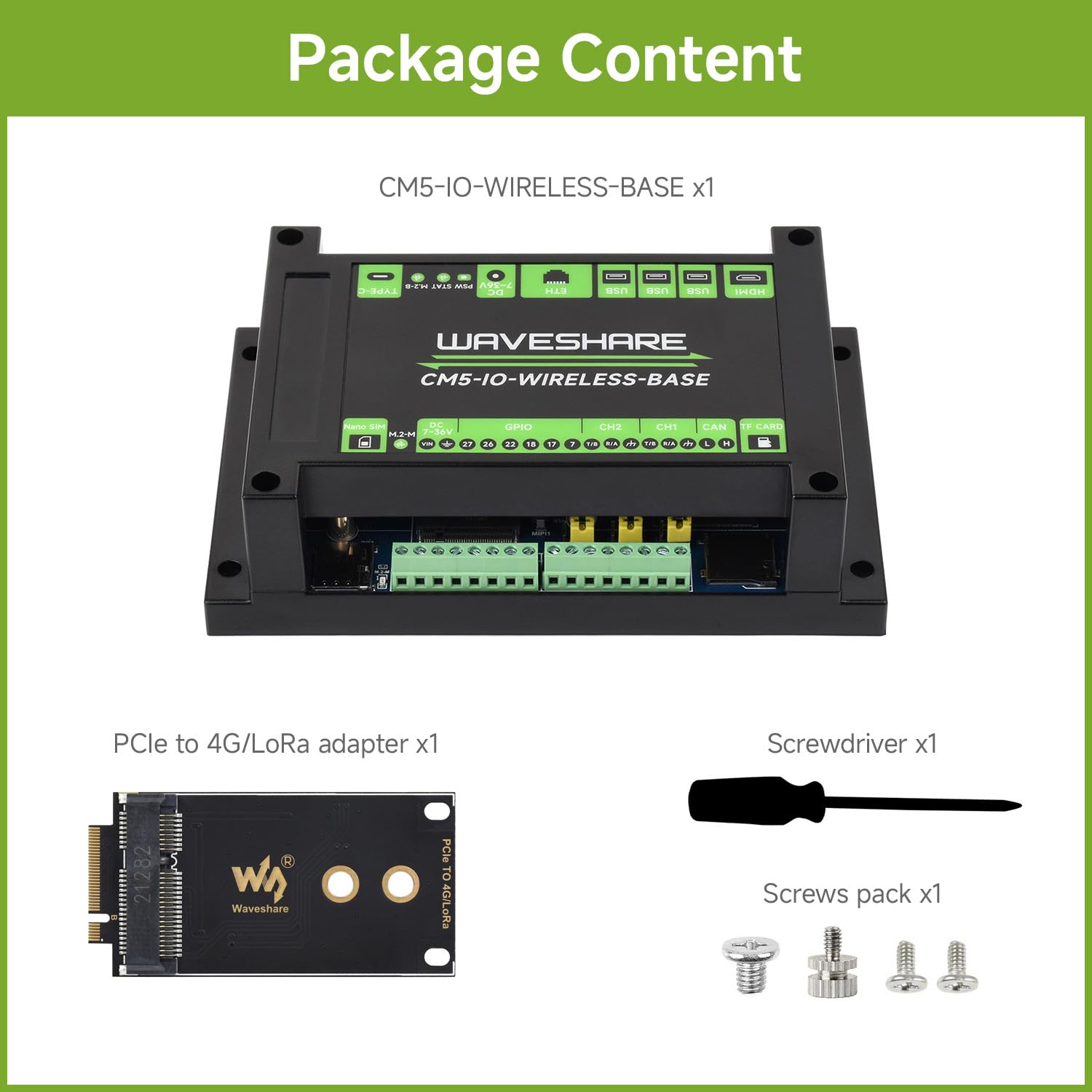 Waveshare Industrial IoT Wireless Expansion Board For Raspberry Pi CM5, 4G / 5G / Lora Expansion Support, Gigabit Ethernet RJ45 Port, Dual MIPI Interfaces, Supports 4K Output