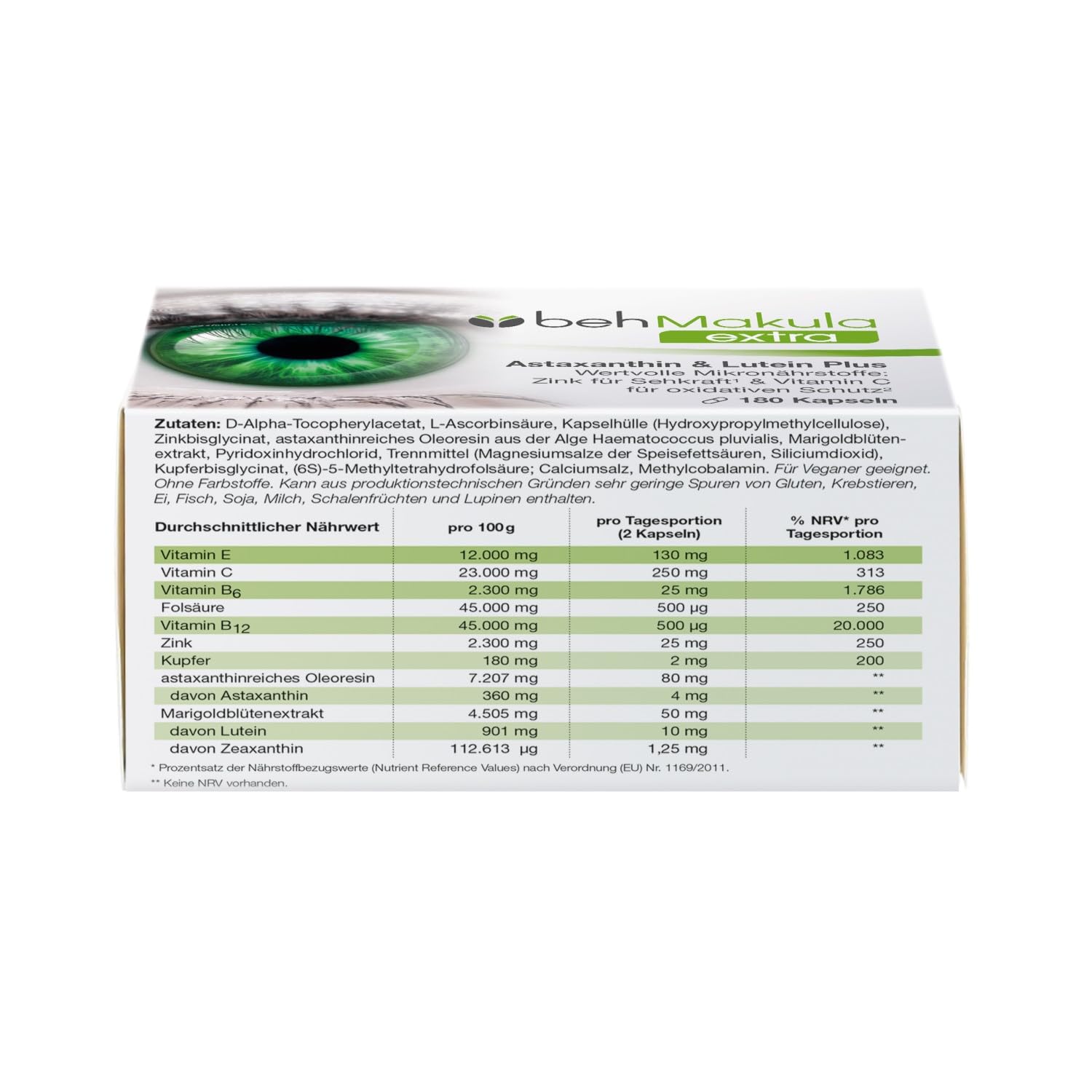 beh Makula extra Kapseln, 180 Stück | Augenvitamine C, E, Folsäure, Vitamin B6, B12, Zink & Kupfer