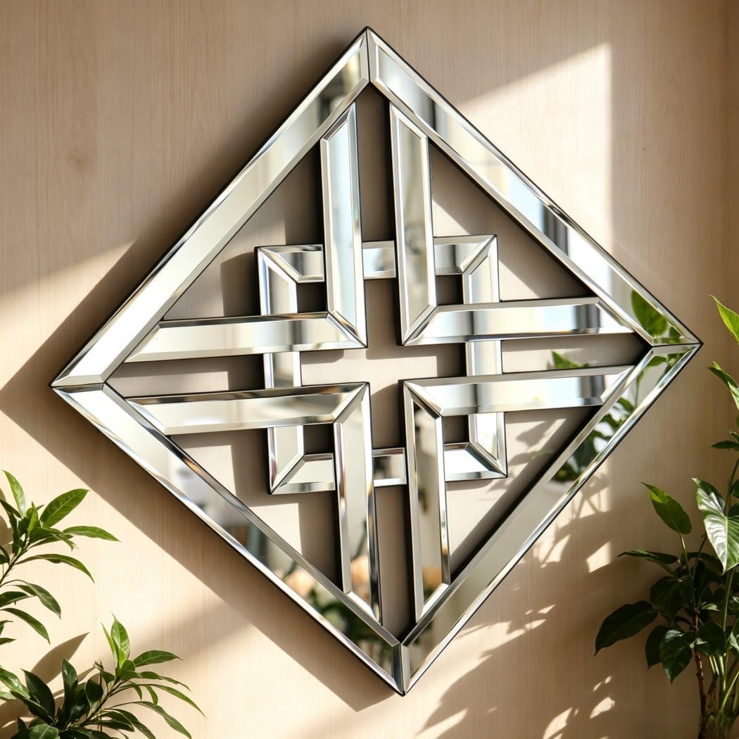 QMDECOR 12x12 Inch Geometric Wall Mirror with Beveled Edge - Modern Silver Decorative Mirror for Living Room, Entryway, Hallway & Bedroom - Durable Black MDF Backing with 3 Hanging Hooks image 2