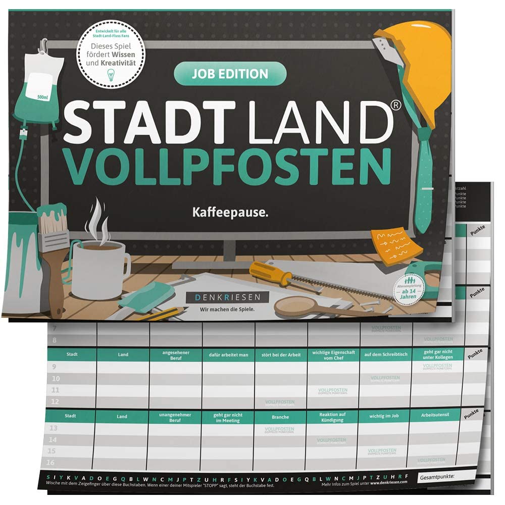 DENKRIESEN – Stadt Land VOLLPFOSTEN® Job Edition | Spielblock mit 50 Blatt | 26 Kategorien ab 14 Jahren | Lustiges Partyspiel für Büro, Arbeit & Teamevent | Geschenkidee für Kollegen & Team