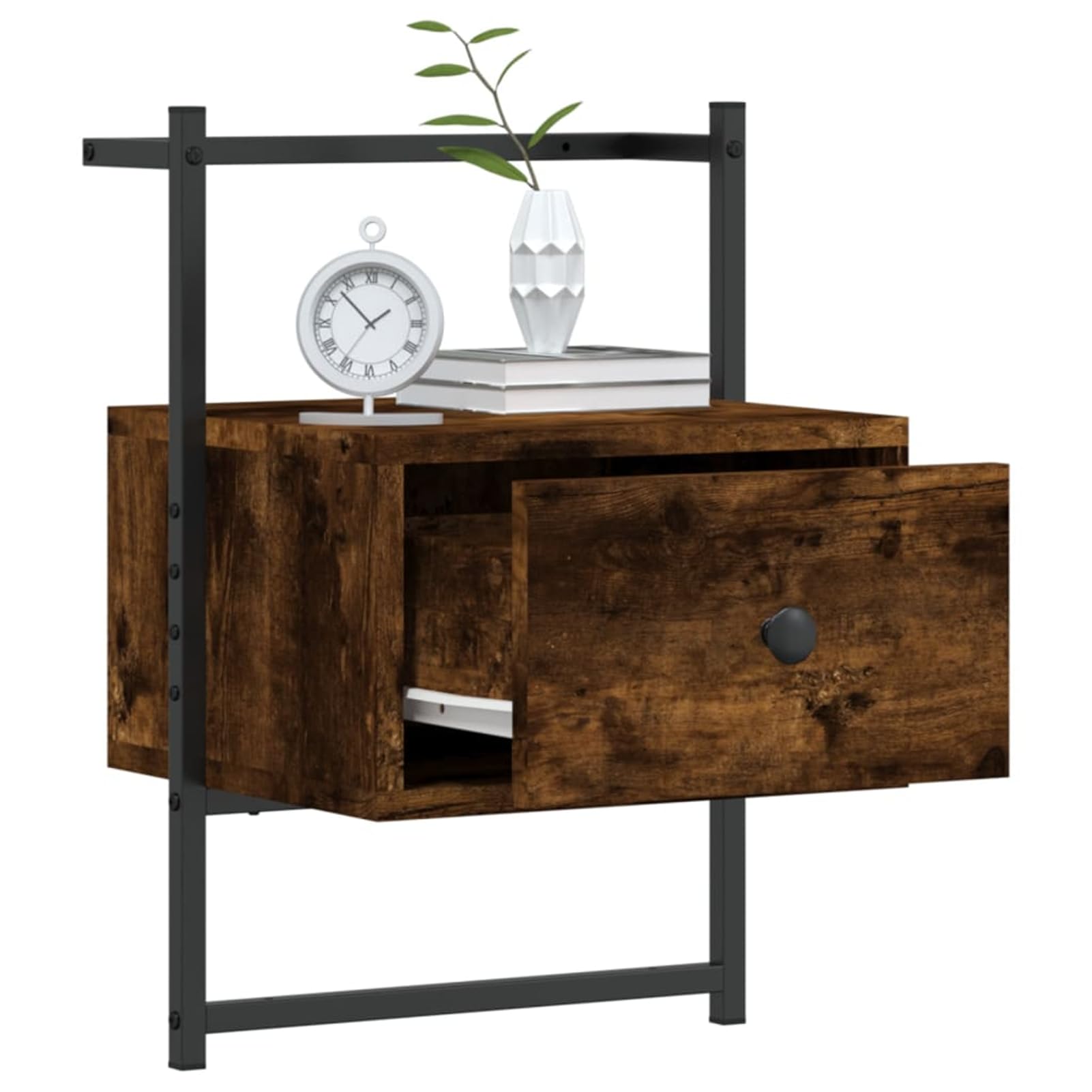 Comodini a Muro, Sospesi con Cassetto per Organizzazione Spazio, 35 x 30 x 51 cm, in Legno Multistrato e Metallo, Rovere Fumo, per Camera da Letto, Soggiorno e Bagno