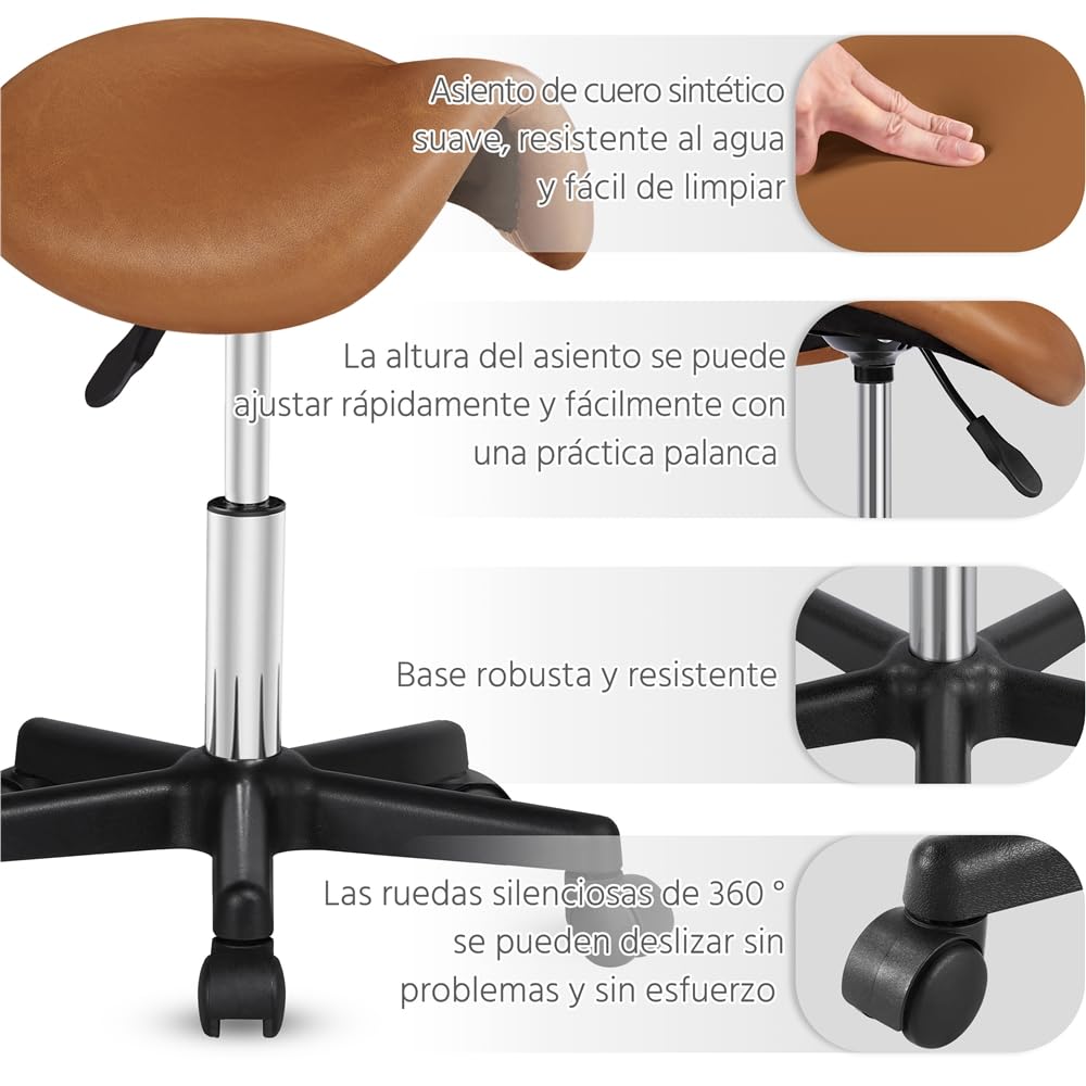 Yaheetech Taburete con Ruedas Ajustable en Altura 45,5-60 cm Marrón