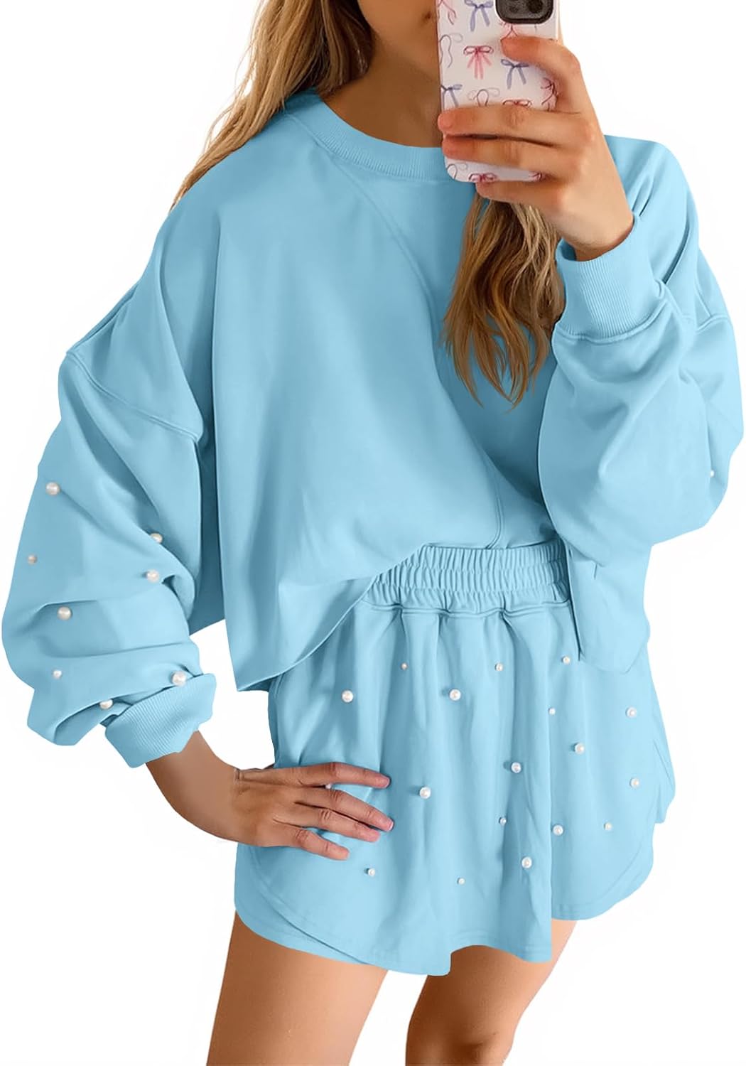 Fisoew Womens Lounge Sets 2 Piece Outfits Decor Pearl Long Sleeve Sweatshirt Skort Skirt Tracksuits Shorts Sets