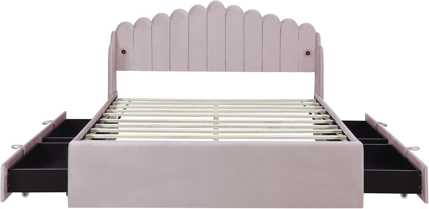 Queen Size Upholstered Platform Bed Frame with 2 USB, Striped Wavy Design Headboard and 4 Drawers Storage, Noise Free, Easy Assembly, Strong Wooden Slats Support, No Box Spring Needed, Pink