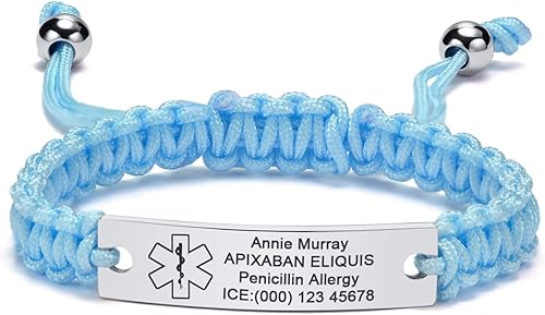 Miniatura 10 de MEALGUET Pulsera de identificación médica para hombres y mujeres, grabado gratuito, hecha a mano, cuerda trenzada ajustable, pulsera