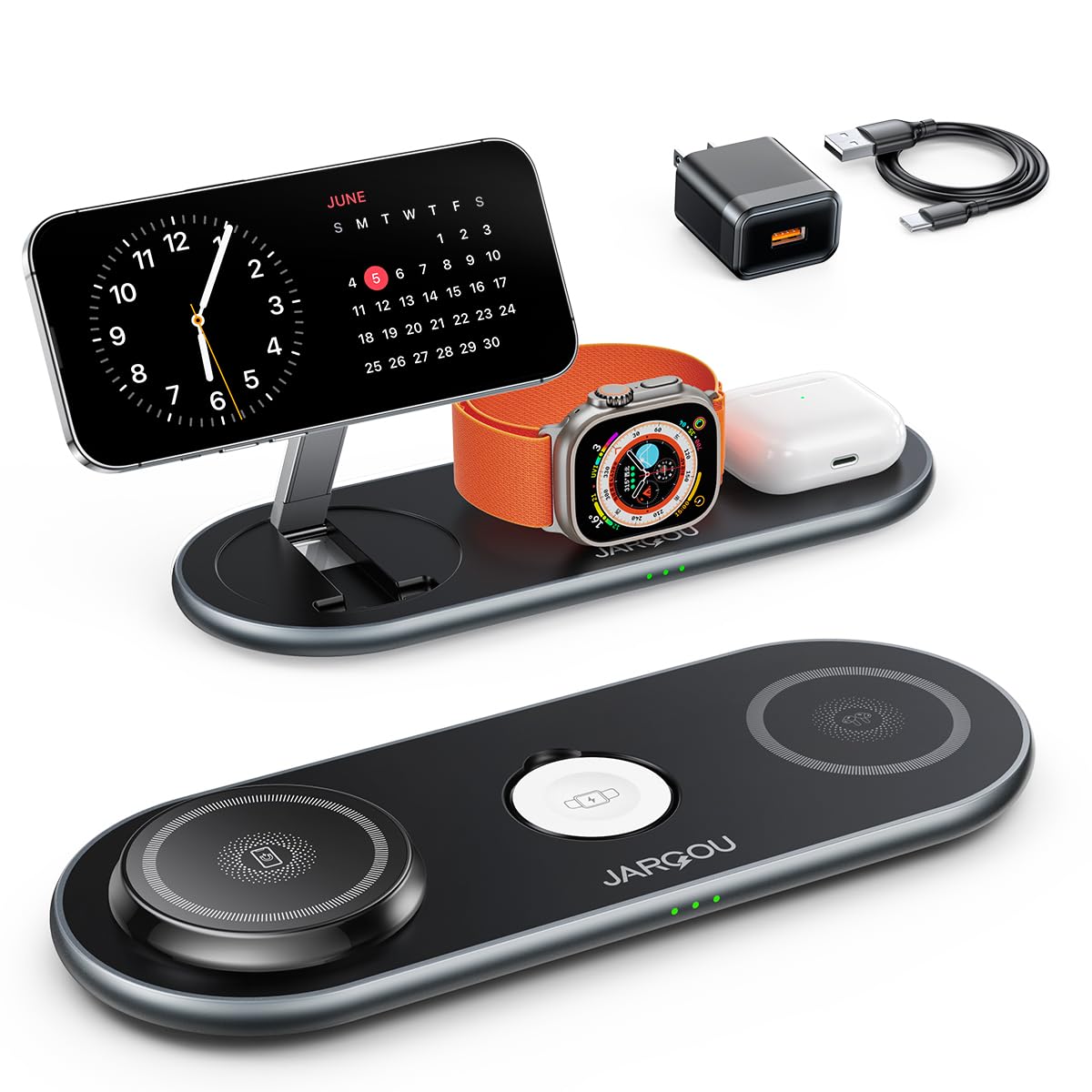 JARGOU 3 in 1 Charging Station for Apple Compatible with Magsafe Charger Stand with Apple Charging Station for iPhone 16 15 14 13 12, for Apple Watch, for AirPods 2/3/4/Pro/Pro 2 (Foldable) (Black)