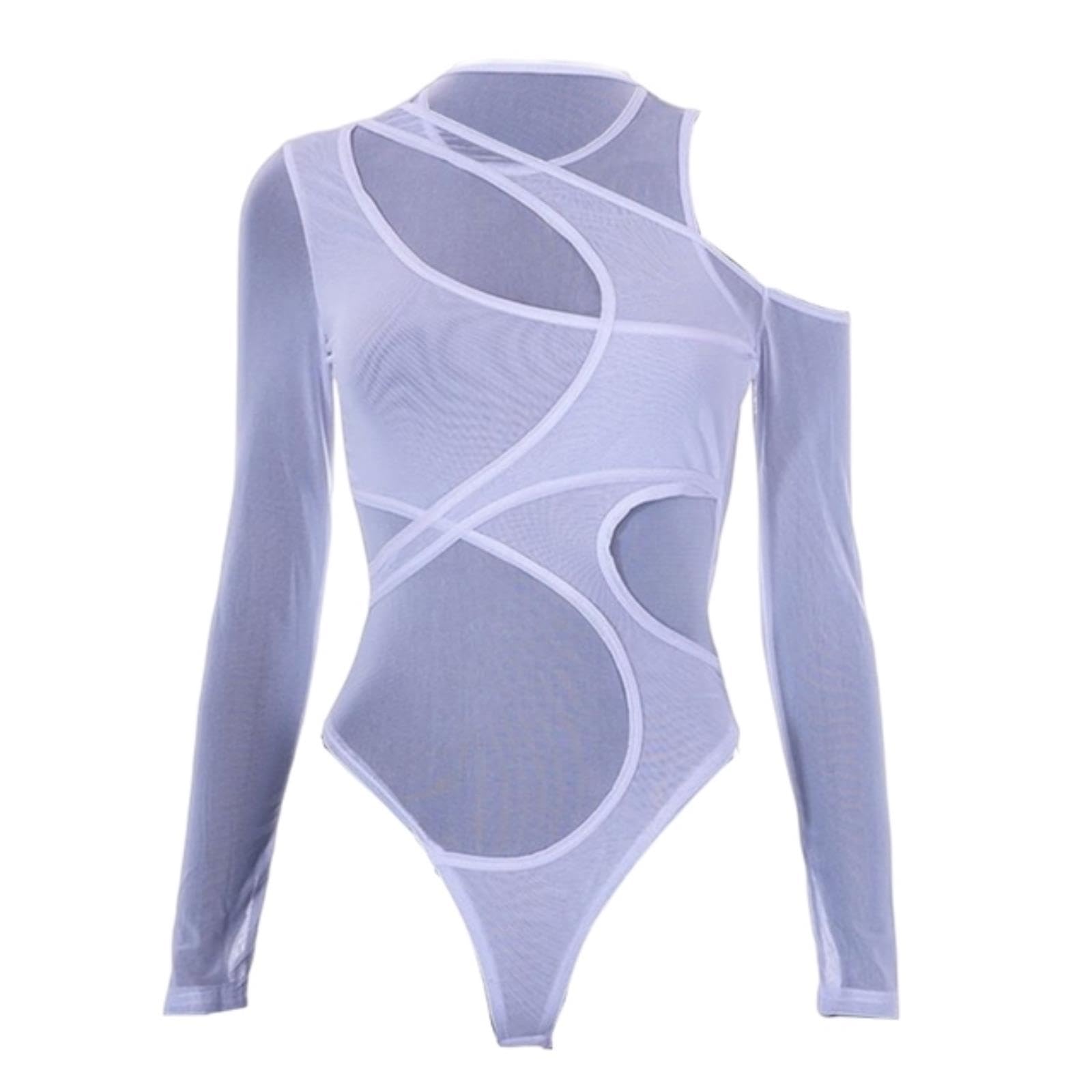 Mono Sexy de Manga Larga asimétrico con Hombros Descubiertos para Mujer, Monos Ajustados de Malla con Cuello Redondo y Transparencias