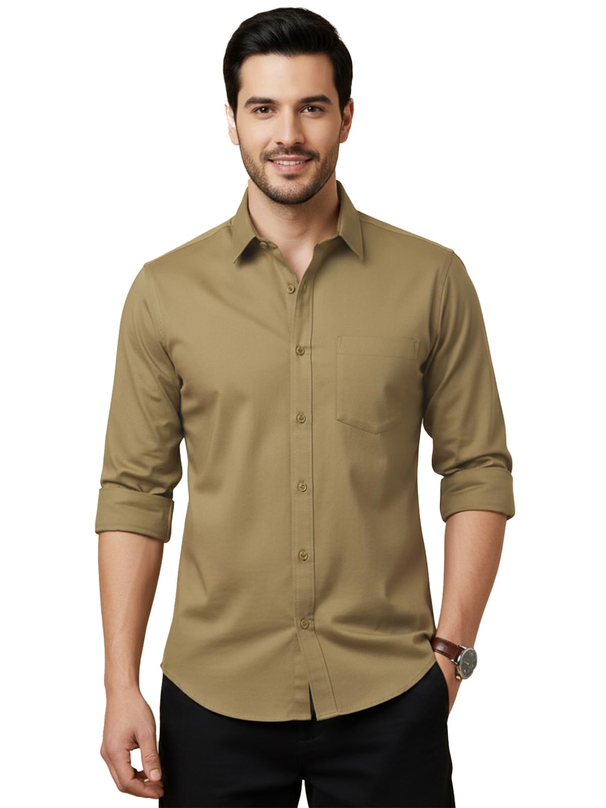 Men's Cotton Blend Regular Fit Solid Casual Shirt, Full Sleeve Button Down Office Wear Shirt with Spread Collar-image-47