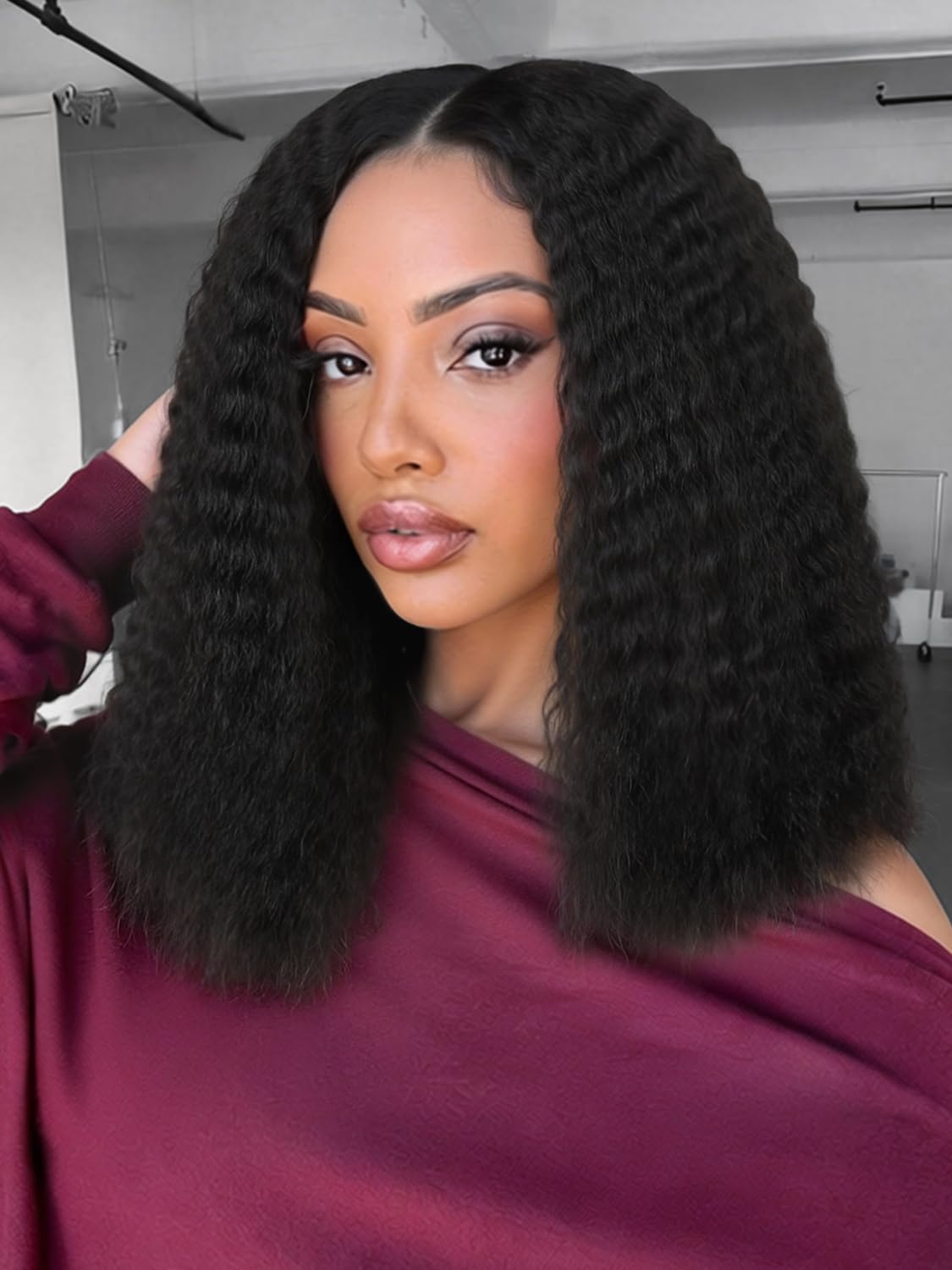 16 Inch Black V Part Half Kinky Straight Layered Wigs Density Upgrade Glueless Clip In Kinky U Part Wig for Women Daily Party Use