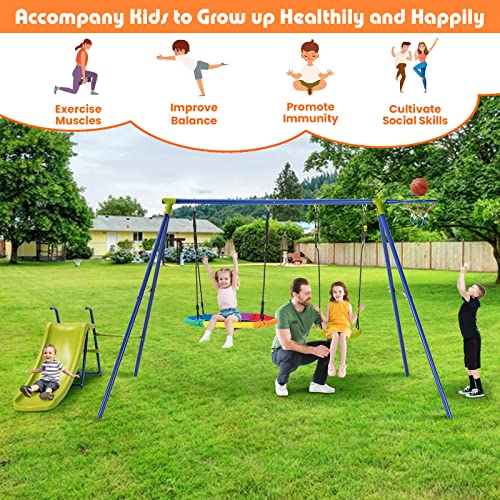 image for GYMAX Kids Swing Set, Metal Swing A-Frame with Swings, Outdoor Childre