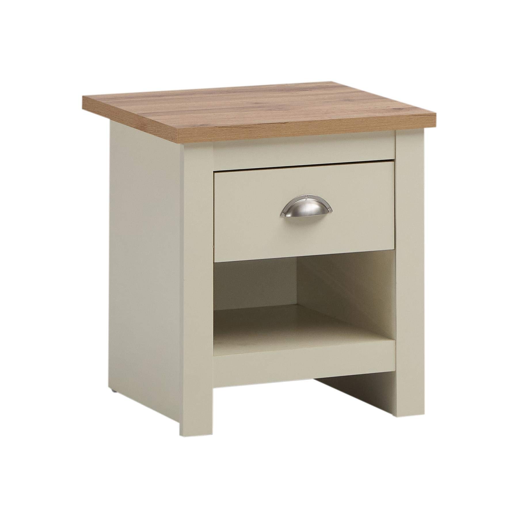 Timber Art Design UK Lisbon Bedside Table with 1 Drawer Chest Cabinet Storage Unit Nightstand Table Modern Furniture for Living Room, Bedroom, Hallway with Cream and Oak Effect, H50cm x W40cm x D43cm