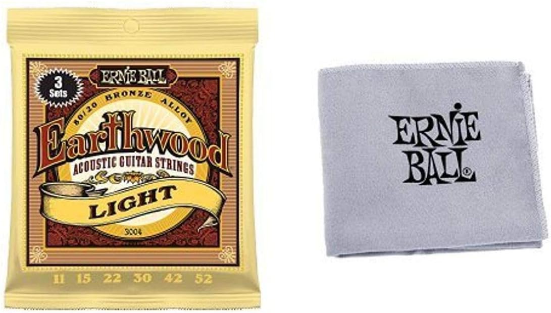 Ernie Ball 3004 Earthwood Light 80/20 Bronze Sets, .011 - .052 (3 Pack) with Ernie Ball Polish Cloth