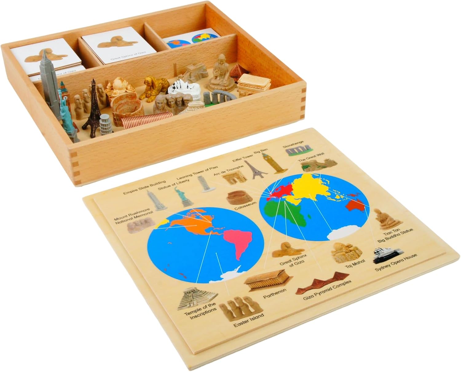 ancona World Landmarks and Continents Geography Learning Set, Spanish/English Bilingual, Montessori Preschool Memory Matching Game Box