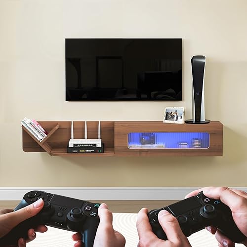 Miniatura 3 de Pmnianhua Soporte de TV flotante rústico con luces LED, consola multimedia montada en la pared de 59 pulgadas, centro de entretenimiento flotante,