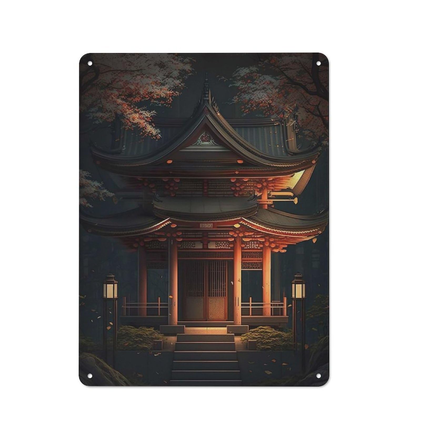 Junmoney Pagoda At Night For Café Or Home Bar, Vintage Metal Wall Sign 40X30cm, A Christmas Gift For People Styling Café And Home Bar