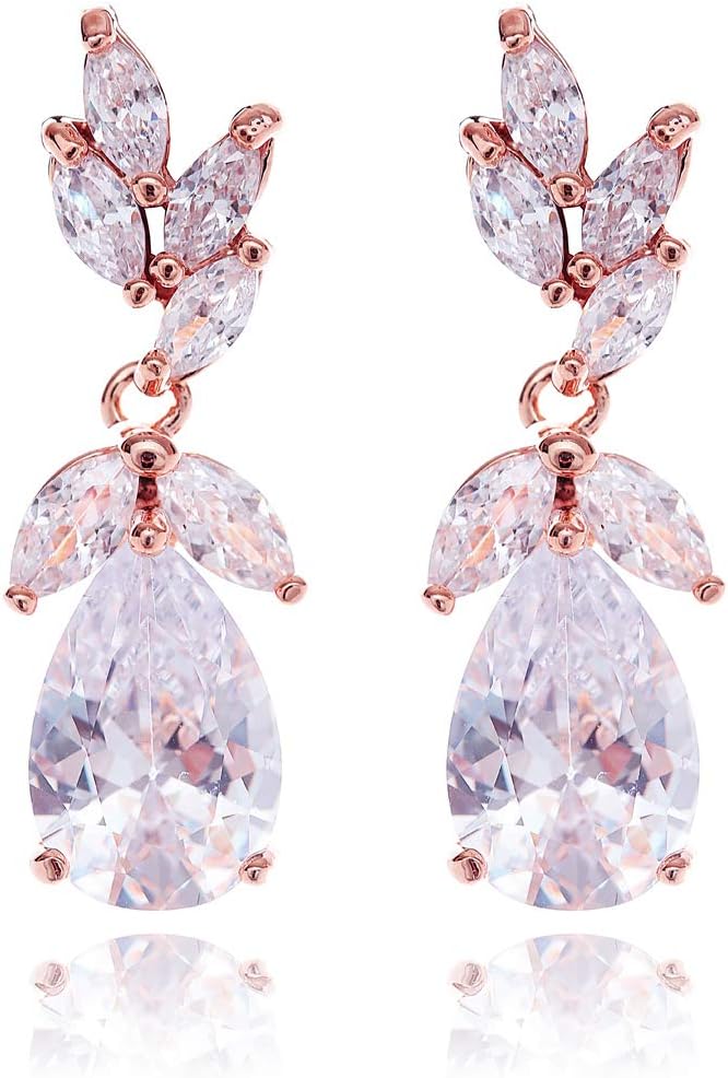 Women's Cubic Zirconia Bridal Earring - Elegant Gold Plated Teardrop Cluster Floral Leaf CZ Crystal Rhinestone Wedding Earring for Bride