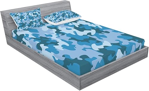 Miniatura 2 de Ambesonne Juego de sábanas bajeras y fundas de almohada de camuflaje, composición colorida con formas abstractas en tonos de color cielo, motivos