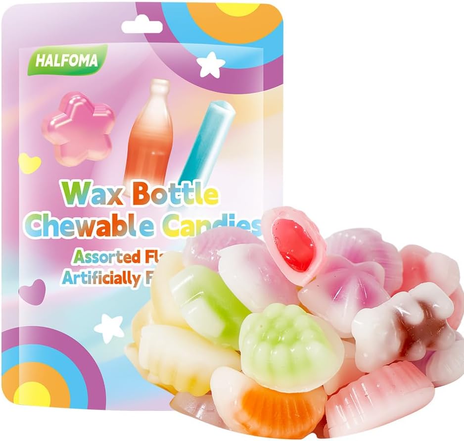 Halfoma Wax Bottle Candy with Syrup in the middle,Assorted Fruit Flavors,Various styles,Suitable for Chewing to Relieve Stress, Playing Games, and Various Gatherings,32 Candies,60g