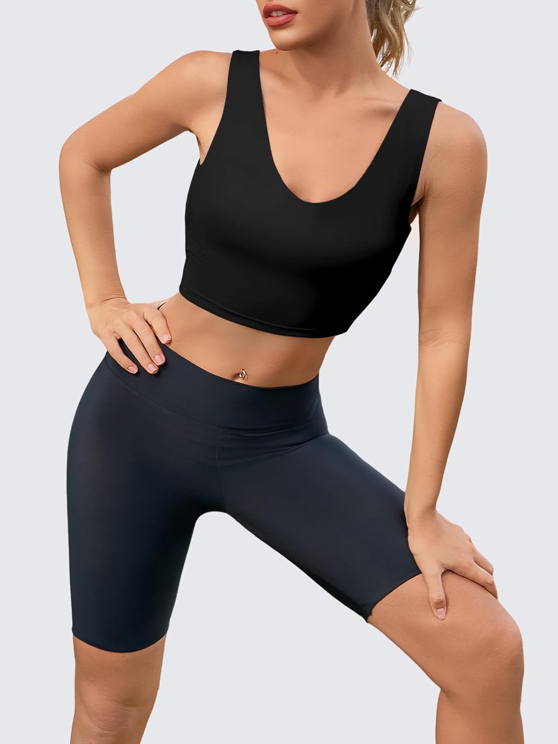 Aoysky Longline Sports Bras for Women V Neck Padded Workout Yoga Wirefree Cami Built in Bra U Back Crop Tank Tops