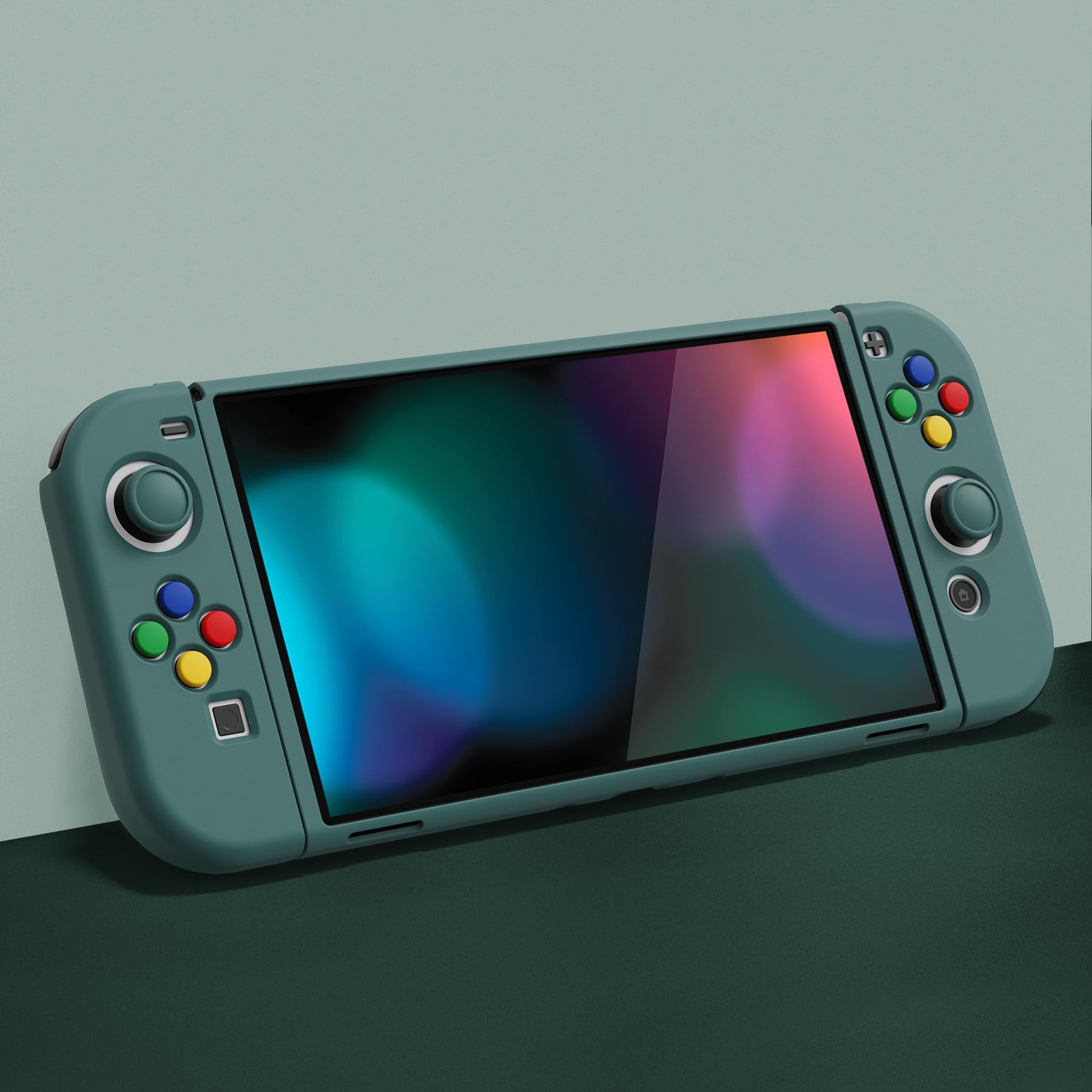 PlayVital ZealProtect Soft Protective Case for Nintendo Switch OLED, Flexible Protector Joycon Grip Cover for Nintendo Switch OLED with Thumb Grip Caps & ABXY Direction Button Caps - Hunter Green — view 3