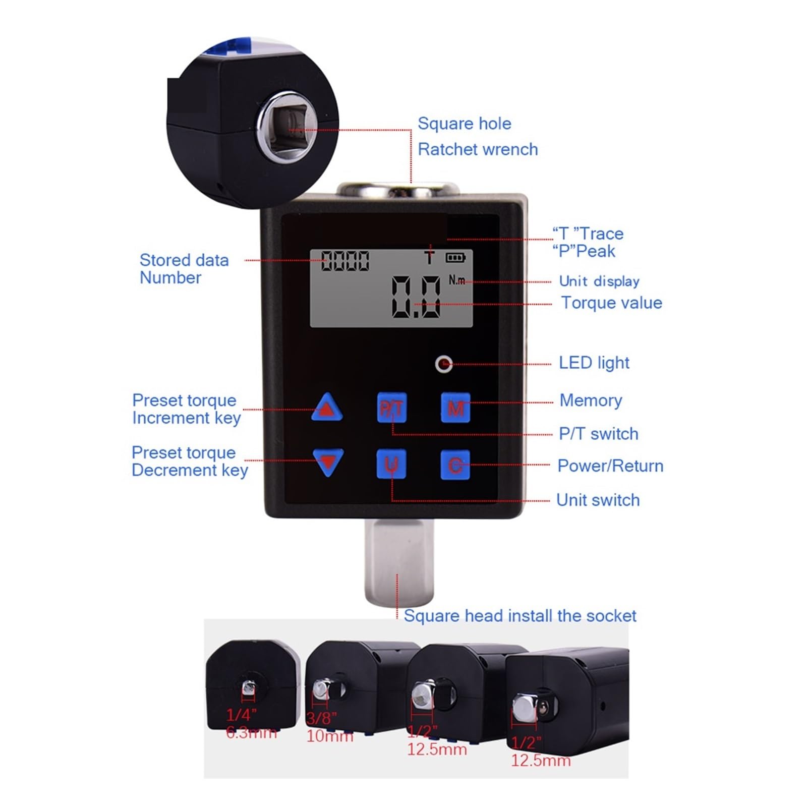Dinamometrica Digital, Medidor de Torque Digital 0.3-340 NM Adaptador de medidor de Torque Ajustable Llave de torsión electrónica Profesional Herramientas de reparación de inspección(TQA2-340)