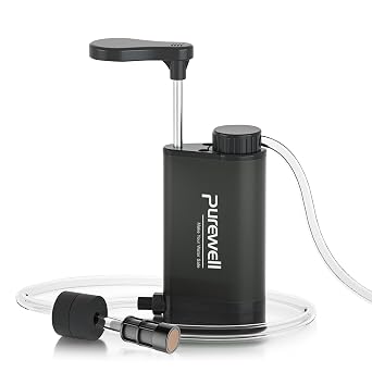 Purewell Stainless Steel Water Filter Pump with Replaceable Carbon 0.01 Micron Water Filter, 3 Filter Stages, Portable Outdoor Emergency and Survival Gear - Camping, Hiking, BackpackingBlack