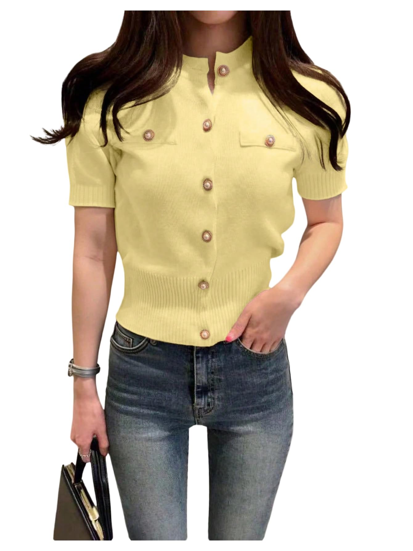 Verdusa Women Short Sleeve Sweater Cardigan Button Lightweight Cardigans Cinched Waist Tops