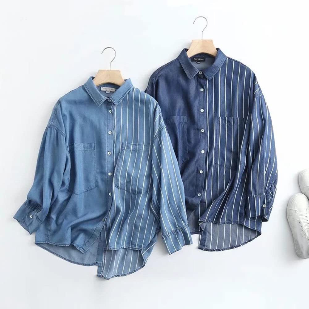 MIDJ Bluse Damen,Elegante Jeanshemdbluse für Damen Mit Langen Ärmeln, Moderne Streifenhemden, Chiffonblusen, Übergroße Oberteile, Businesshemd, Rückenknöpfe, Leichtes Sweatshirt für Mädchen
