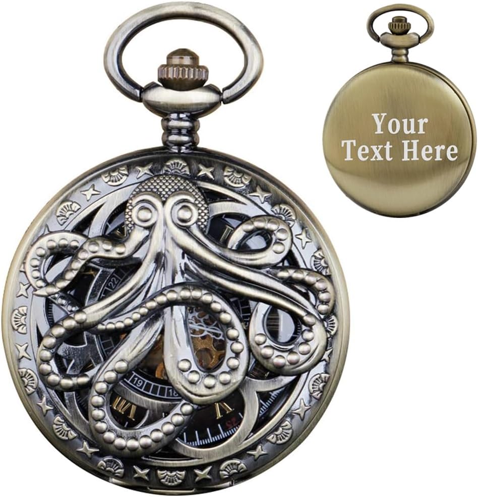 Personalization Pocket Watch Men's Hand Wind Mechanical Octopus Roman Numerals Customized Pocket Watches Men Steampunk with Chain Box