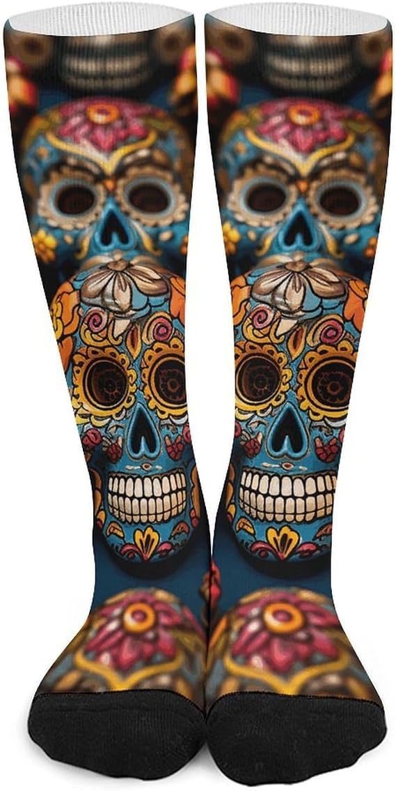 Colorful Sugar Skulls Calf Work Socks for Men, Athletic Crew Sock for Women, Breathable High Boot Socks