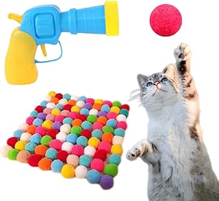 100pcs Cat Toy Ball Launcher Set Fun Colorful Plush Self Play Toys Pom Pom Balls Shooting Gun Interactive for Indoor Cats Enrichment Kittens Puff Ball Playing