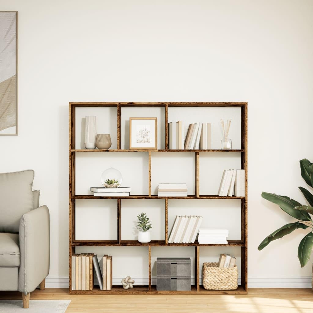 Regał na książki o wyglądzie starego drewna, materiał drewnopochodny, 132 x 29 x 141,5 cm, z 12 półkami, wolnostojący jako ścianka działowa i system regałów, do salonu, biura, pokoju