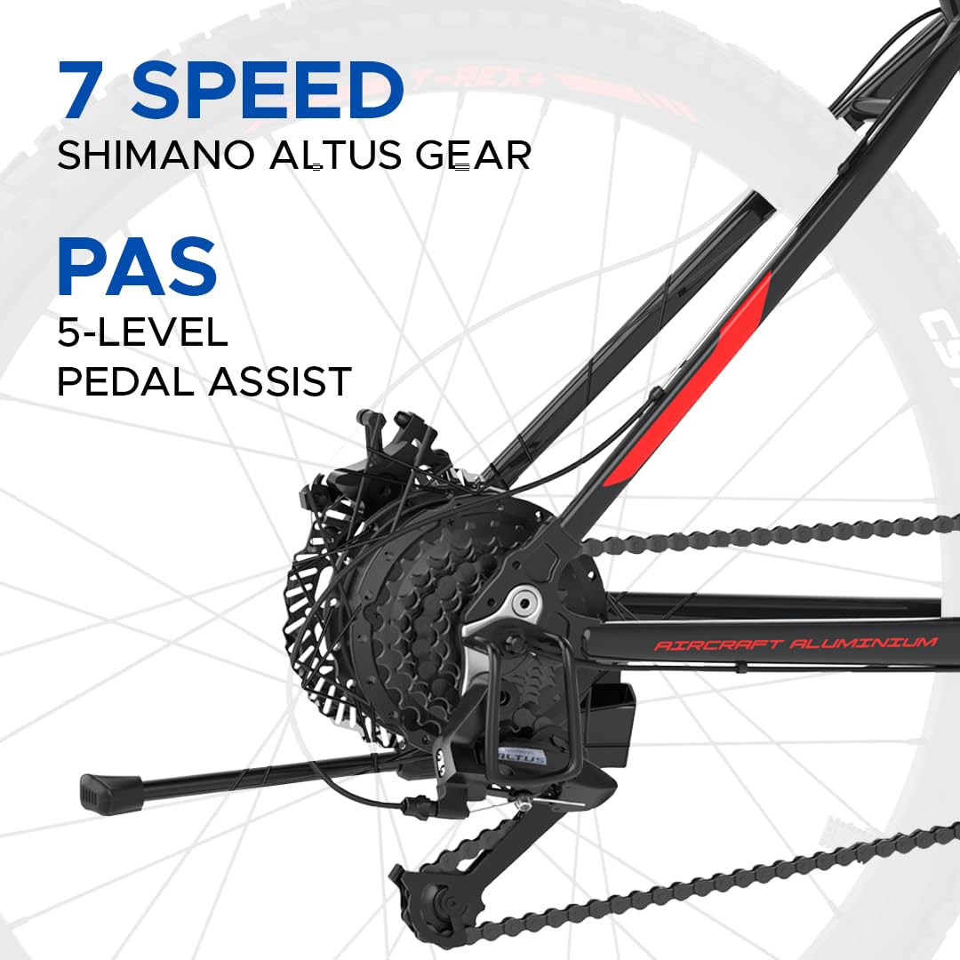 7-Speed Shimano Altus Gear System and Pedal Assist System (PAS) on E MOTORAD Trex+ Electric Cycle