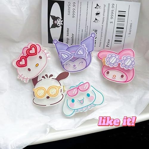 Miniatura 6 de Juego de 5 pinzas para el pelo con lentes de anime, juego de pinzas kawaii con pico de pato, sin arrugas, pinzas para el cabello para niñas y