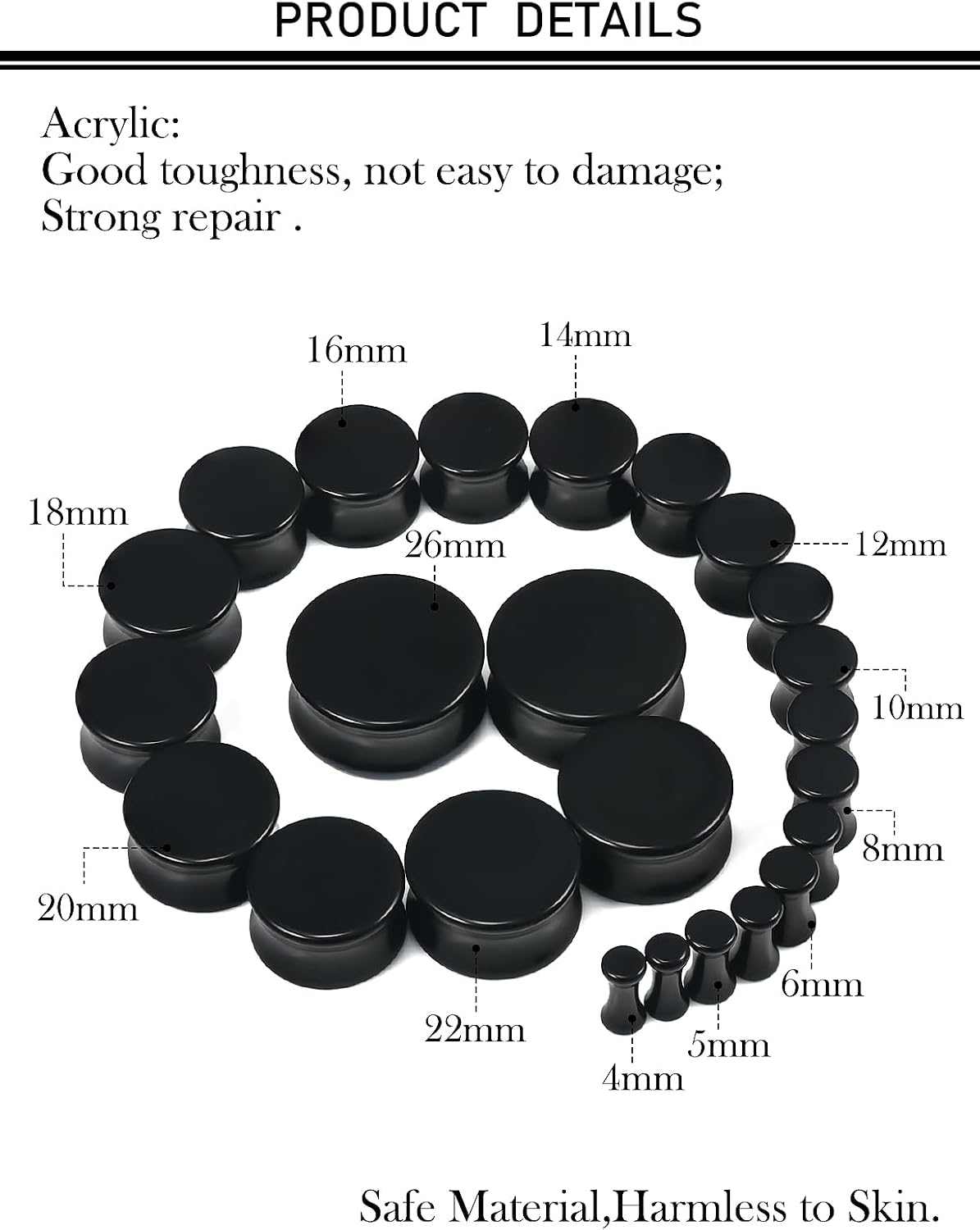 6G-26mm Acrylic Plastic Ear Gauges Tunnels Stretching Kit Double Flared Plugs Tunnels Expanders Stretcher Saddle Gauges Earrings for Men Women Black White Clear