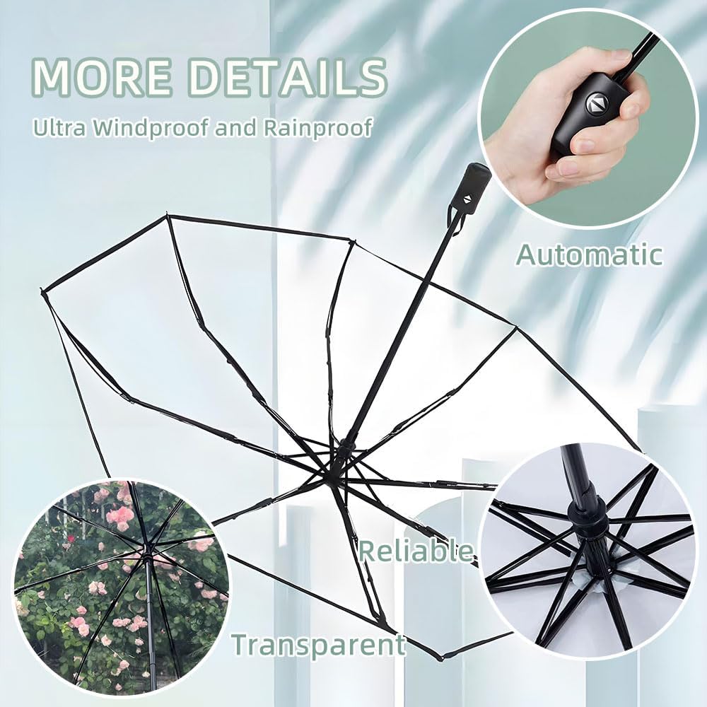 Clear Transparent Umbrella, Auto Open Clear Umbrella for Rain Wedding Adult-black - Image 3
