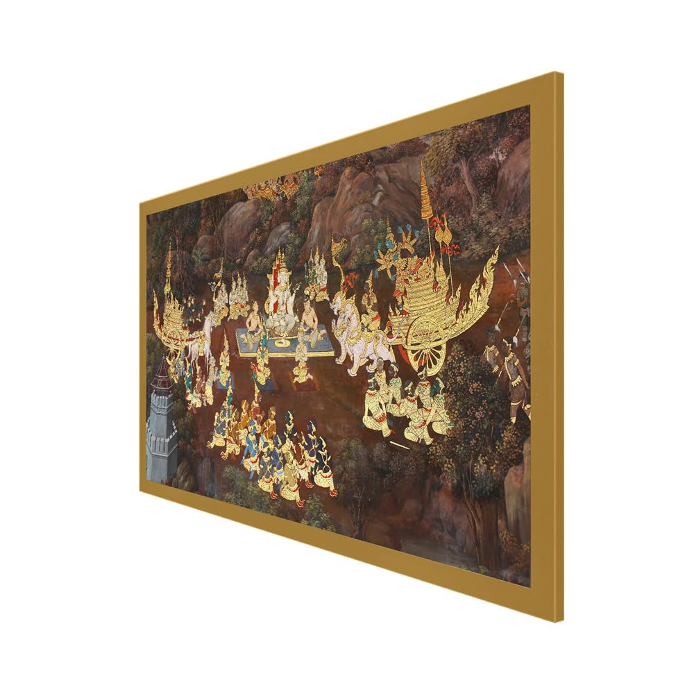 DEKORSTATION Traditional Thai painting art about Ramayana story on display at the temple Floating Frame Canvas Wall Painting for Home and Office DΓ©cor (18" W x 12" H) 1