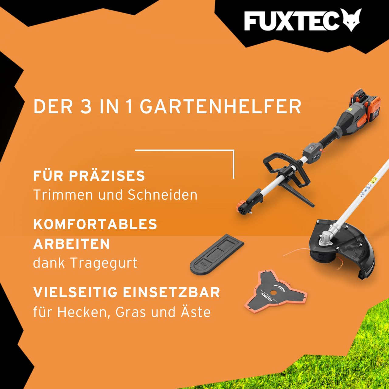 FUXTEC 3in1 Multitool FX-E2MTSET • 40V • Akku Motorsense mit Kettensägen Aufsatz & Heckenschere • Grastrimmer • Freischneider mit Schnellkupplung • Kombigerät