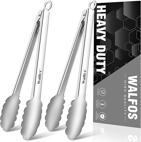 Miniatura 6 de Walfos Pinzas de cocina de acero inoxidable para cocinar, 7, 9 y 12 pulgadas, pinzas de metal de grado alimenticio para cocinar, barbacoa, juego de