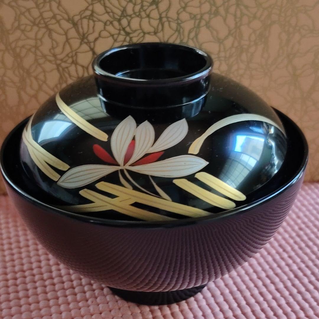 木箱5客 高級輪島塗 雑煮 九布 黒漆 春秋蒔絵 波模様 吸物 菊柄 未
