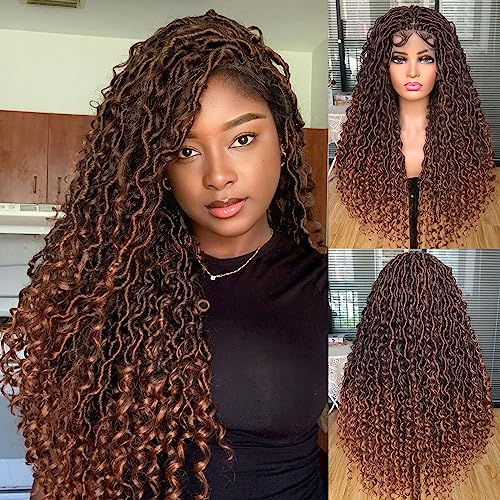 Annivia Goddess Faux Locs Wigs for Black Women 30inch Full Lace Goddess Bohemia Locs Braided Wigs with Baby Hair Hippie Locs Twist Synthetic Goddess Wig with Curly Ends（Ombre Brown）