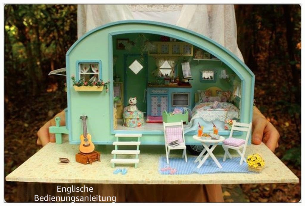 CUTEROOM Holz-Puppenhaus zum Zusammenbasteln, Miniatur-Set, Wohnwagen & Möbel
