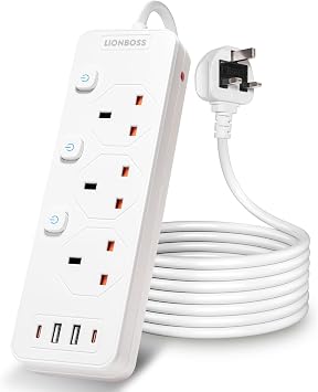 3 Way Extension Lead with 4 USB Slots2 USB C+2 USB-A, 2.9M Extension Cable & Individual On/Off Switches, Wall Mount Multi Plug Extension Socket, Desk Power Strip for Kitchen Bedroom Office, White