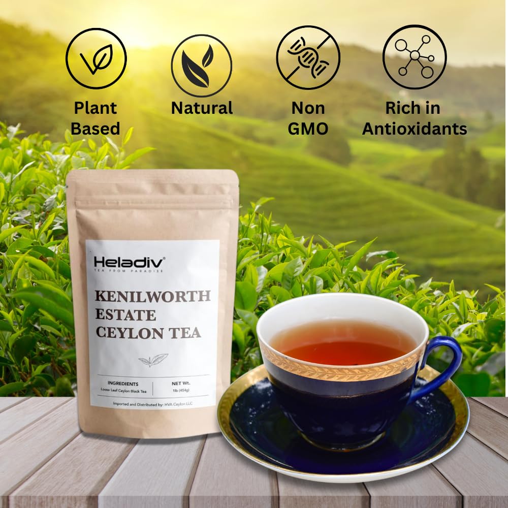 HELADIV Kenilworth Estate Ceylon Loose Leaf Black Tea, 1lb Bag, Aromatic & Full-Bodied, Smooth & Satisfying Brew, Ethically Sourced from Sri Lanka, Vegan, No GMO, Artificial Additives, Enjoy Any Time
