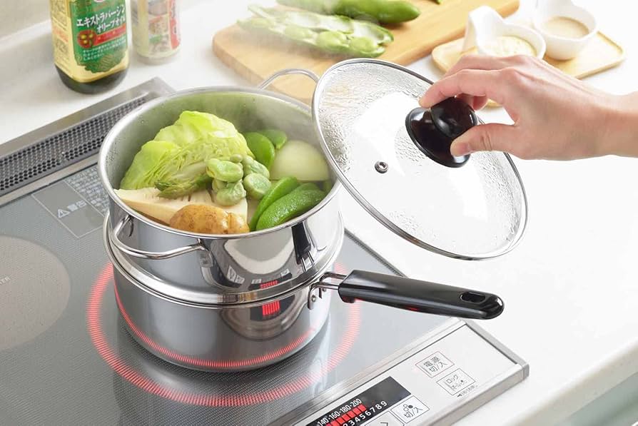 ステンレススチール”大中小片手鍋、蒸し器セット(大) 楽天市場】片手蒸し兼用ダブルパン 18cm 蒸し器 片手鍋 蒸し台